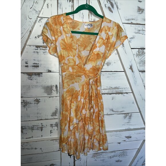 XIX Palms Madagascar Floral Party Mini Wrap Ruffle Tropical Dress M Orange White - Picture 2 of 12